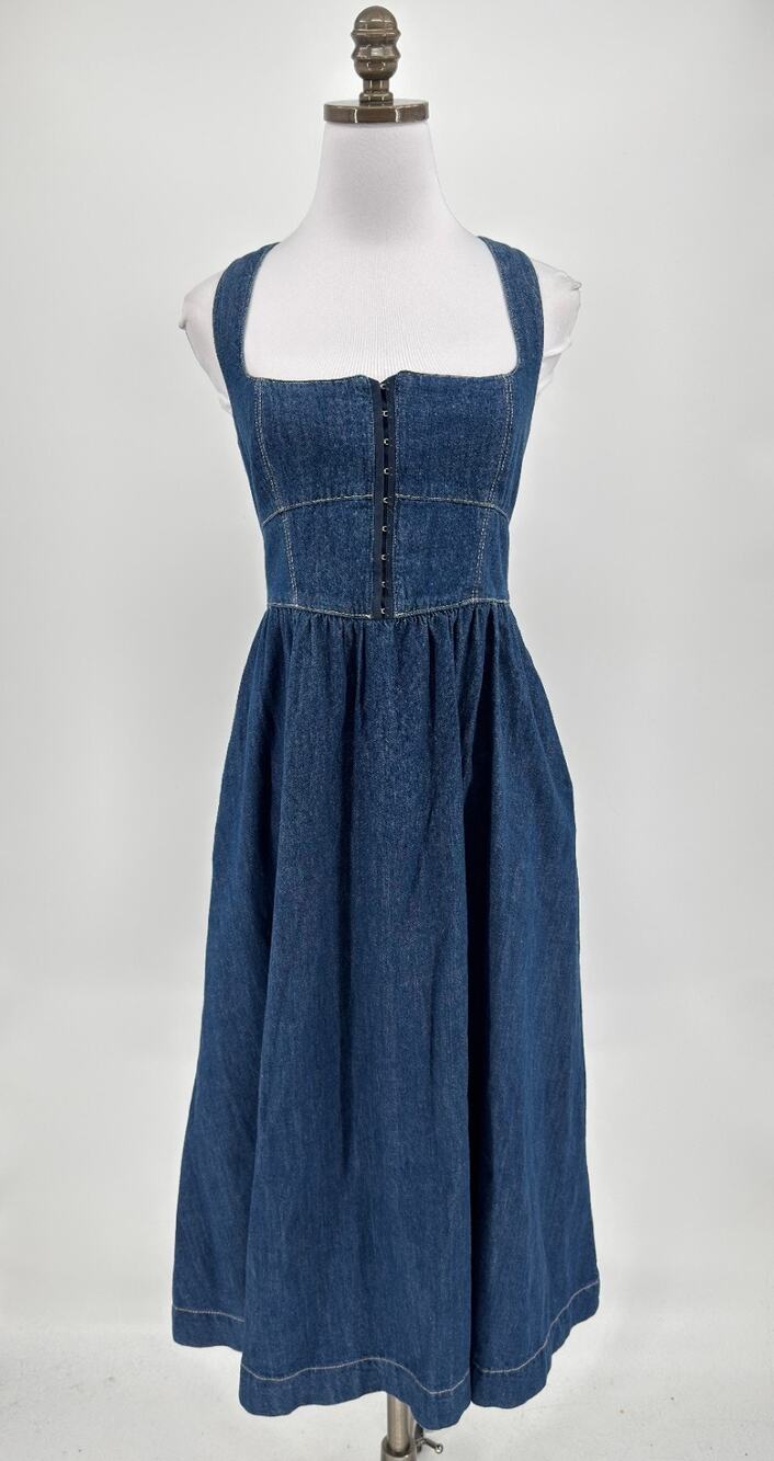 Reformation Tagliatelle Denim Square Neck Sleeveless Midi Fit Flare Dress Sz 4